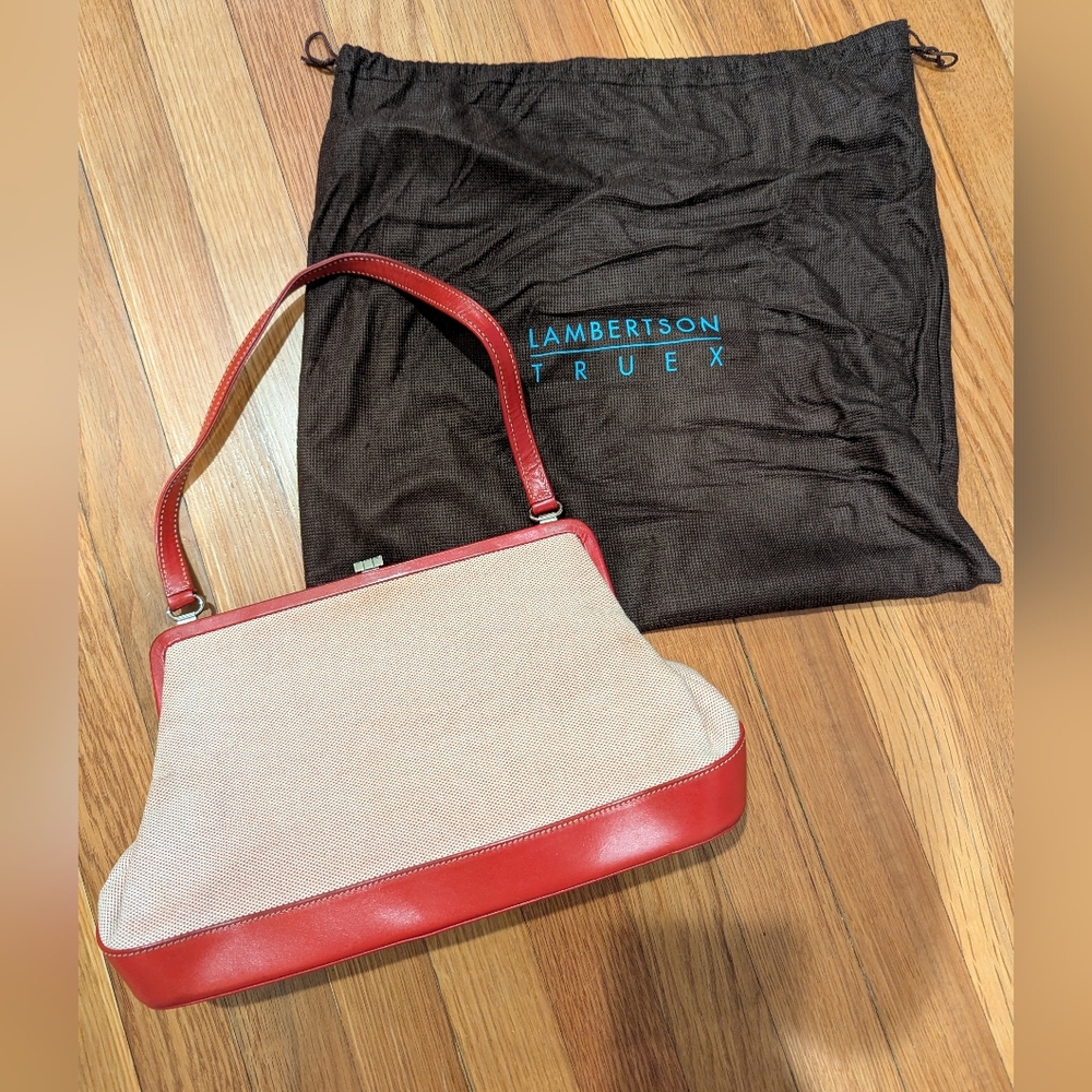 Lambertson Truex red and khaki handbag with dustbag